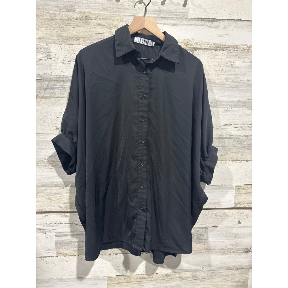Gaudie Button Up Shirt Women Small/Medium Black Oversized Dolman Sleeve EUC